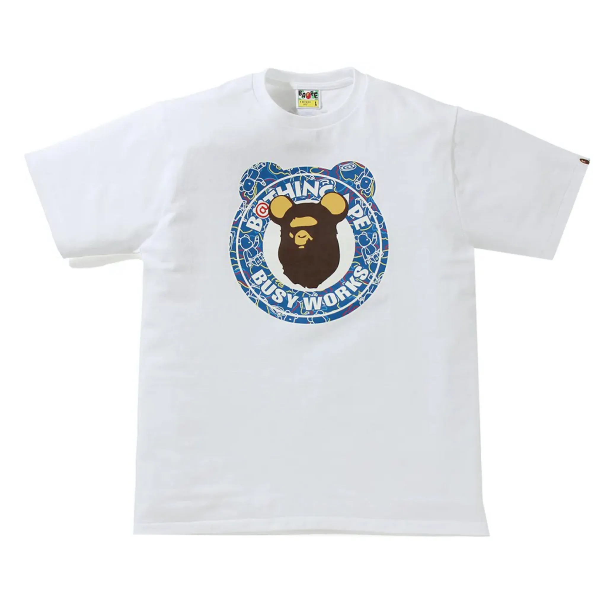 A Bathing Ape Bape x Medicom Toy Bearbrick Camo Bear Busy Works Tee White Blue