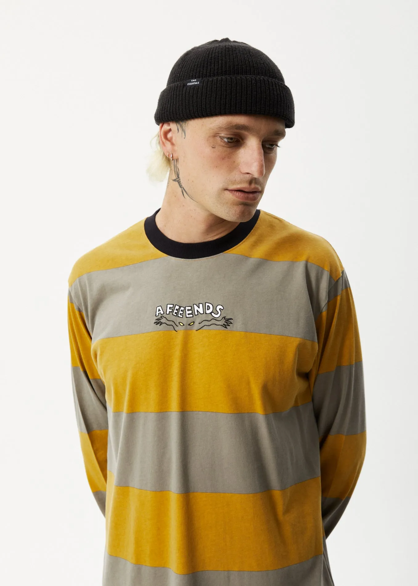 AFENDS Mens Space - Striped Long Sleeve Logo T-Shirt - Mustard Stripe