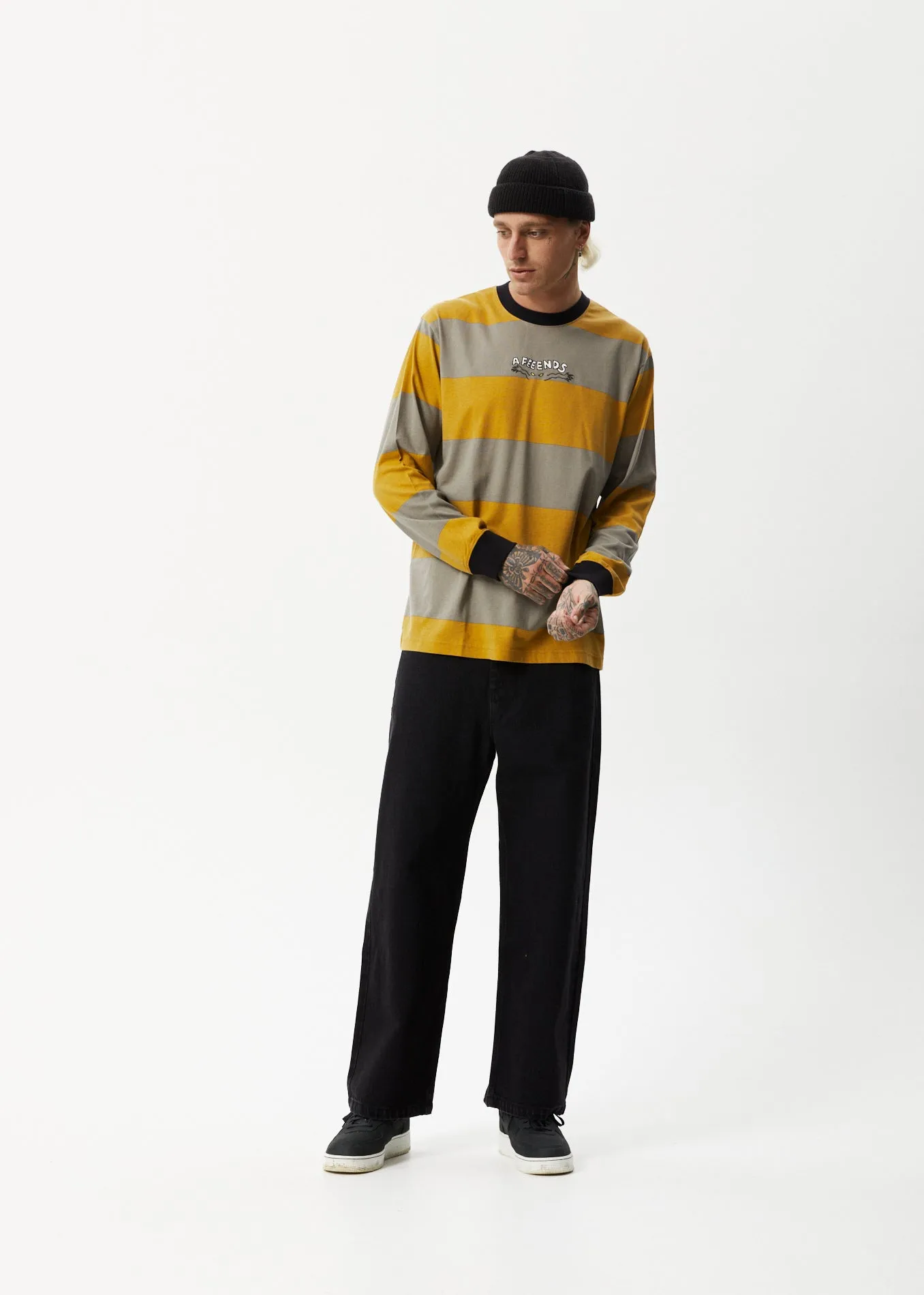 AFENDS Mens Space - Striped Long Sleeve Logo T-Shirt - Mustard Stripe