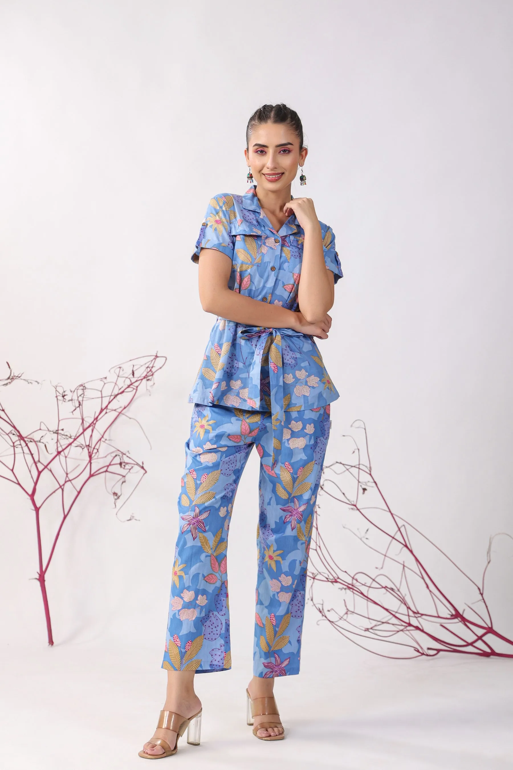 Flowers on Blue Cotton Coordinate Set