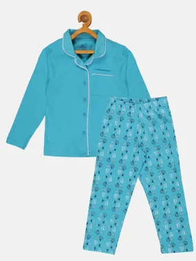 Girls Front Open Shirt & AOP Pyjama Set