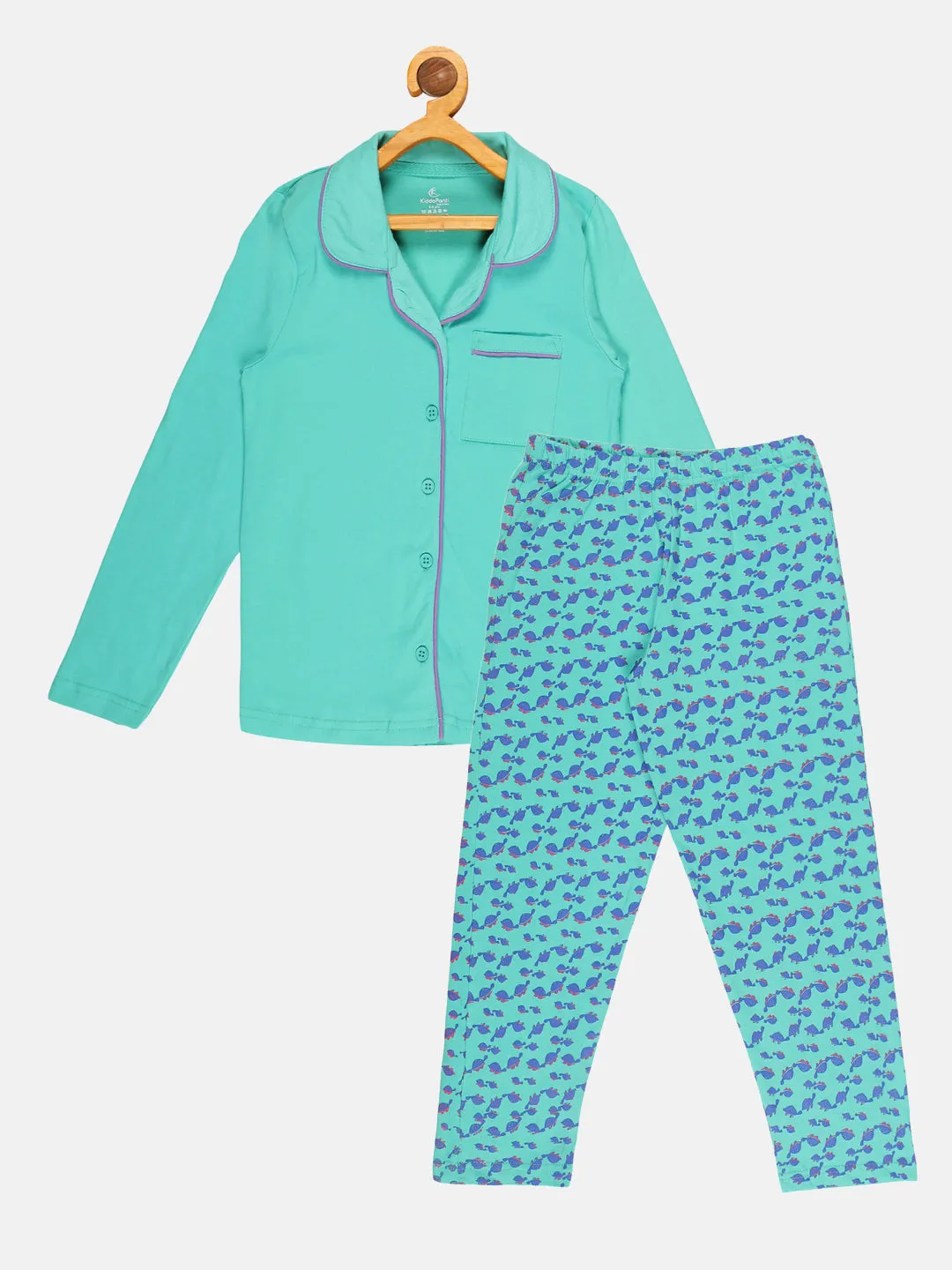 Girls Front Open Shirt & AOP Pyjama Set