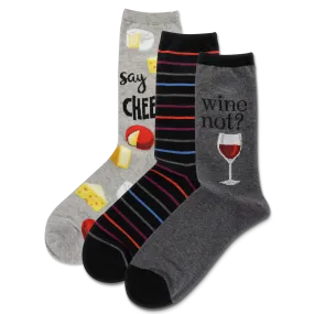 HOTSOX Women's Wine And Cheese 3 Pack Crew Socks