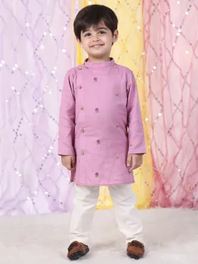 Polka Tots Full Sleeve Flower Embroidery Kurta Pyjama Set - Pink