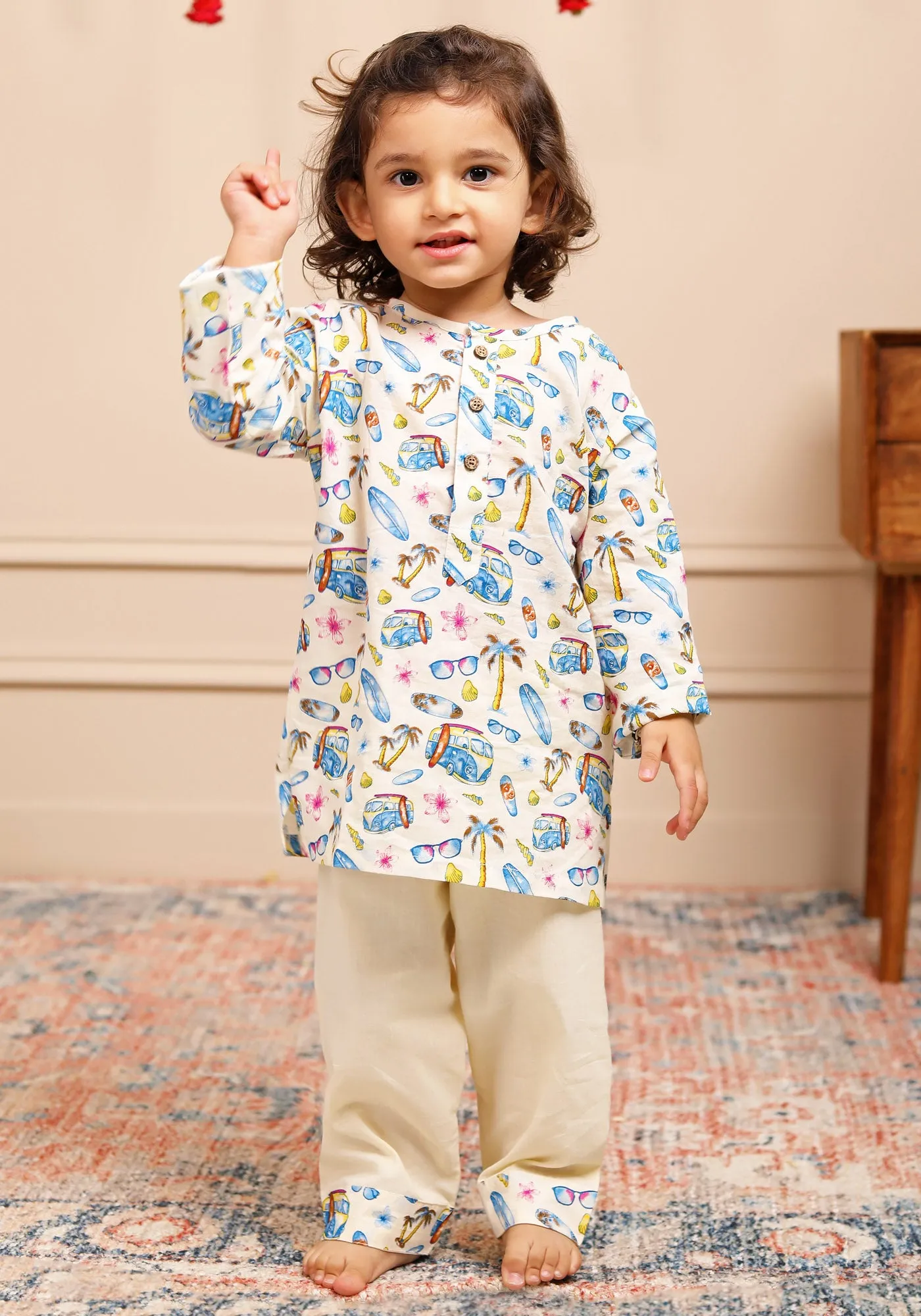 Polka Tots Full Sleeve Print Kurta Car Print With Pyjama Set - Cream