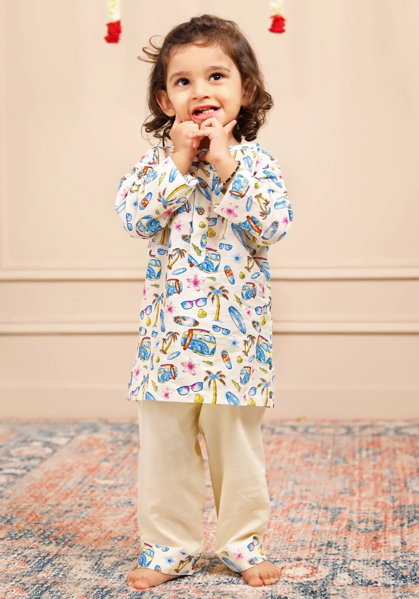 Polka Tots Full Sleeve Print Kurta Car Print With Pyjama Set - Cream