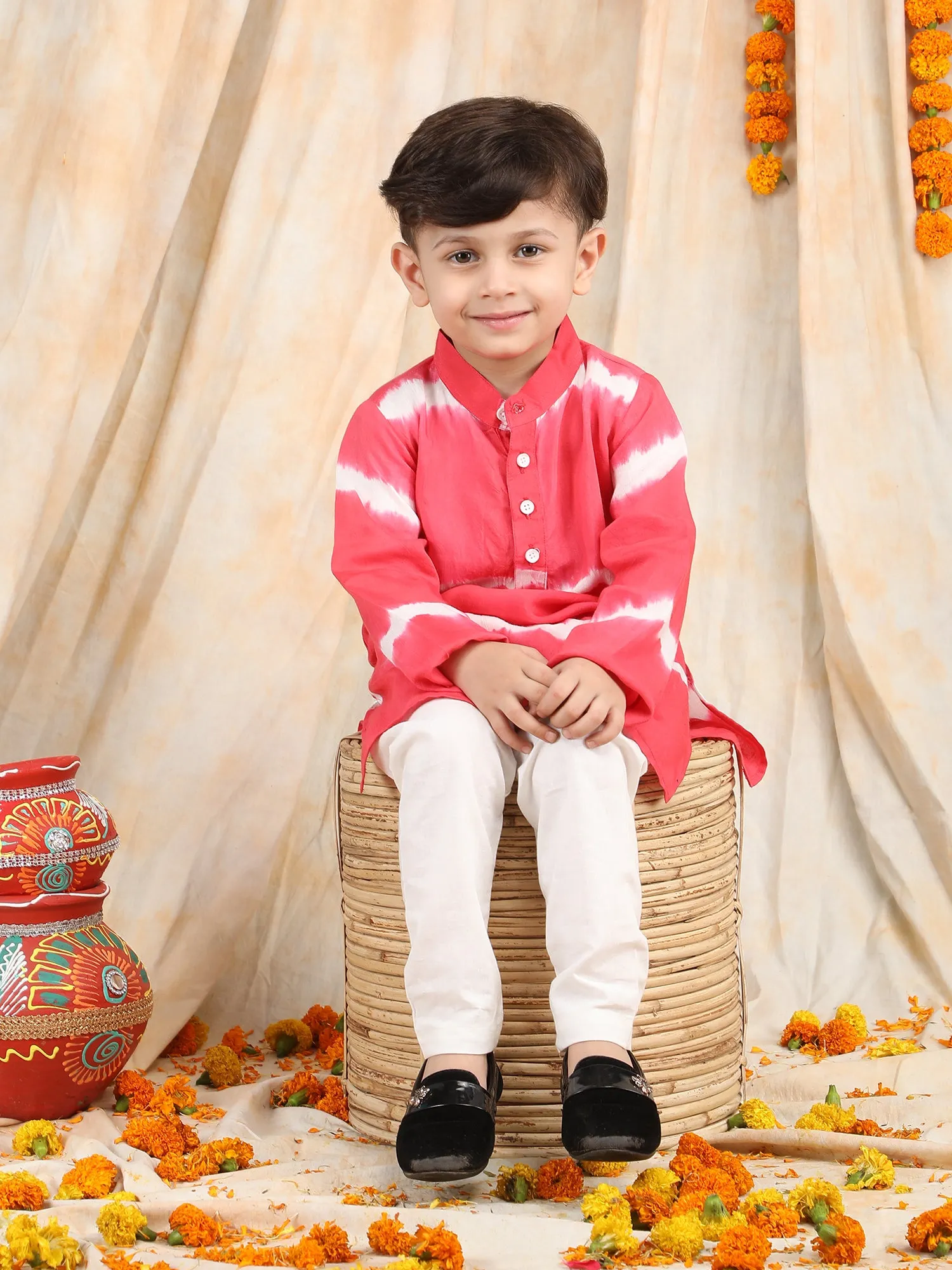 Polka Tots Full Sleeve Tie Dye Stripe Kurta Pyjama Set - Light Red