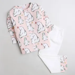 Polka Tots Kurta Pyjama Set Front Open Penguin Print - Peach