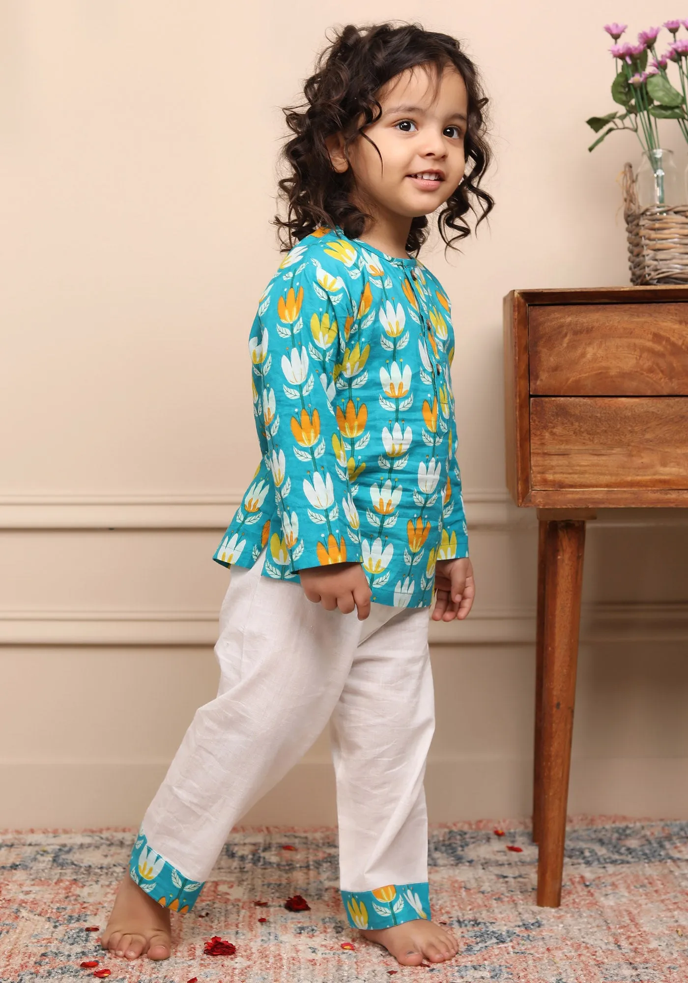 Polka Tots Lotus Printed Full Sleeve Kurta Pyjama - Blue