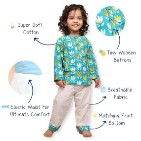 Polka Tots Lotus Printed Full Sleeve Kurta Pyjama - Blue