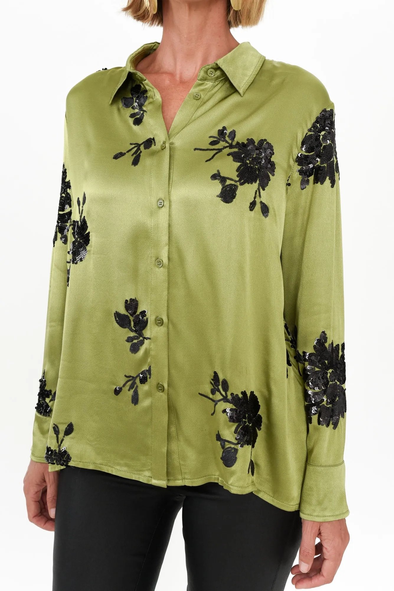 Sabelle Khaki Flower Sequin Shirt