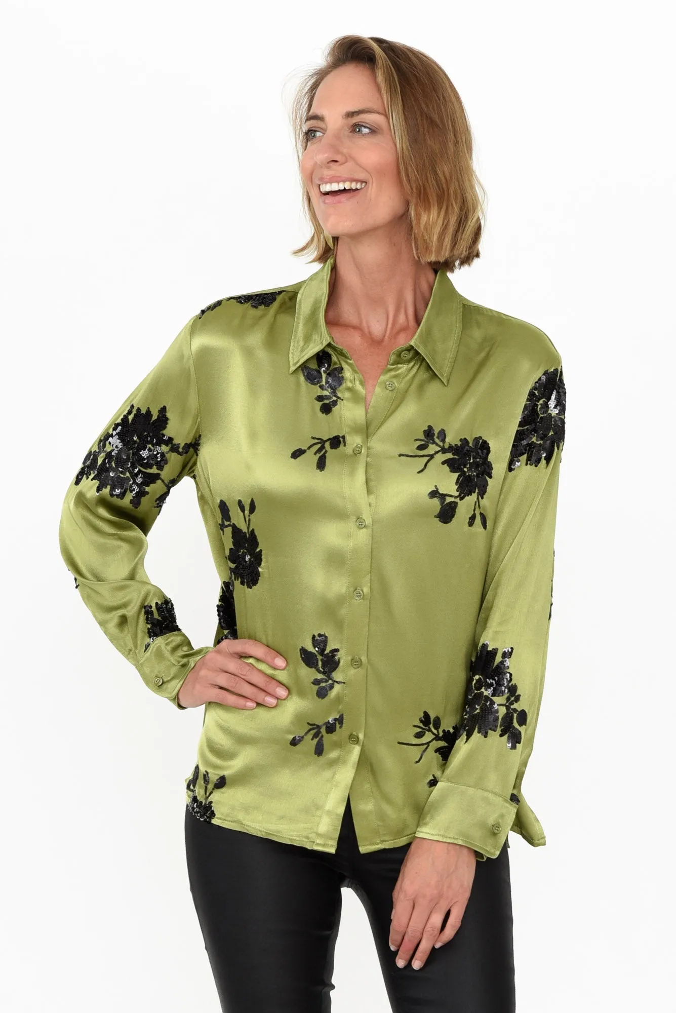 Sabelle Khaki Flower Sequin Shirt