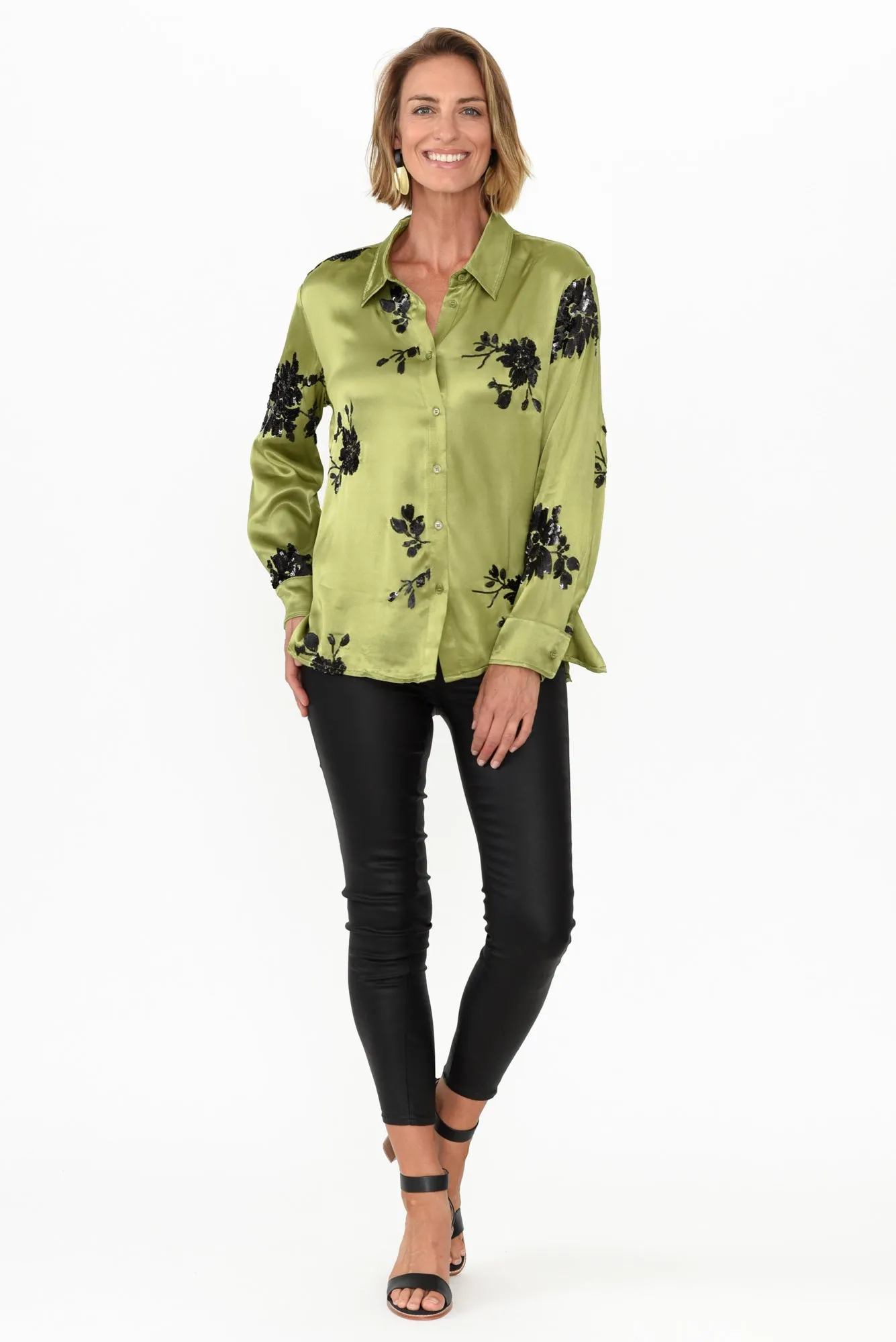 Sabelle Khaki Flower Sequin Shirt