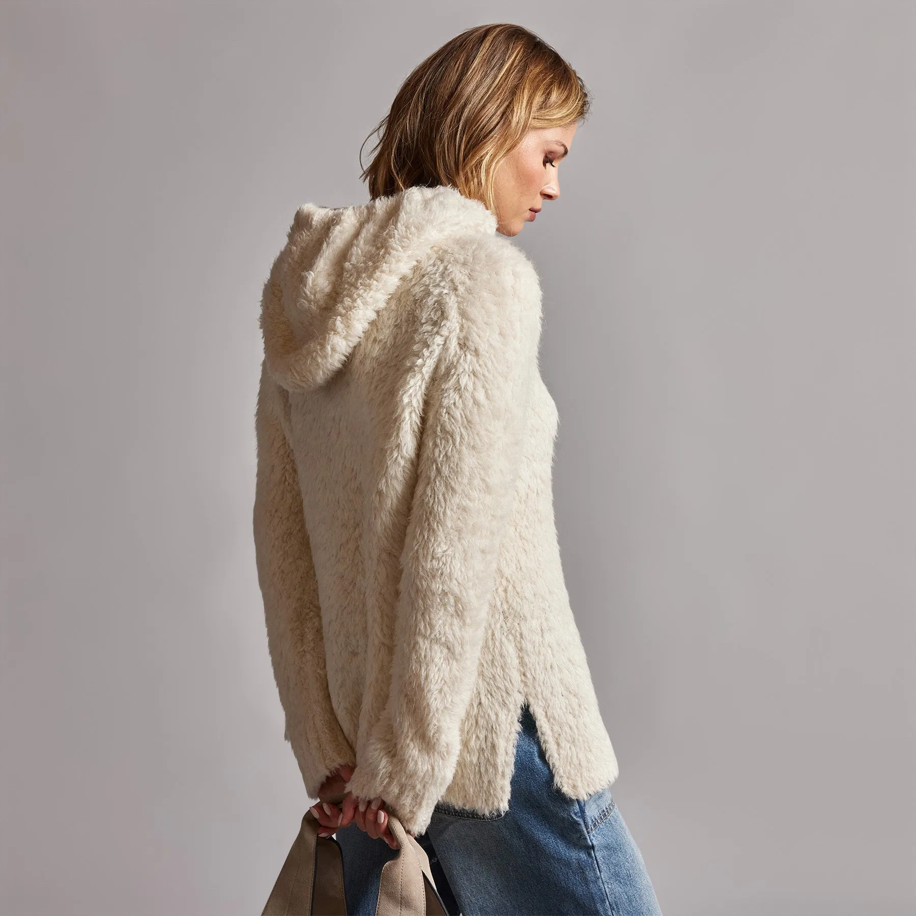 Wool Blend Sherpa Hooded Sweater - Natural