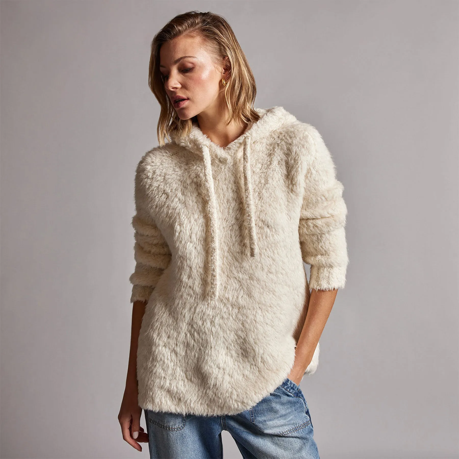 Wool Blend Sherpa Hooded Sweater - Natural