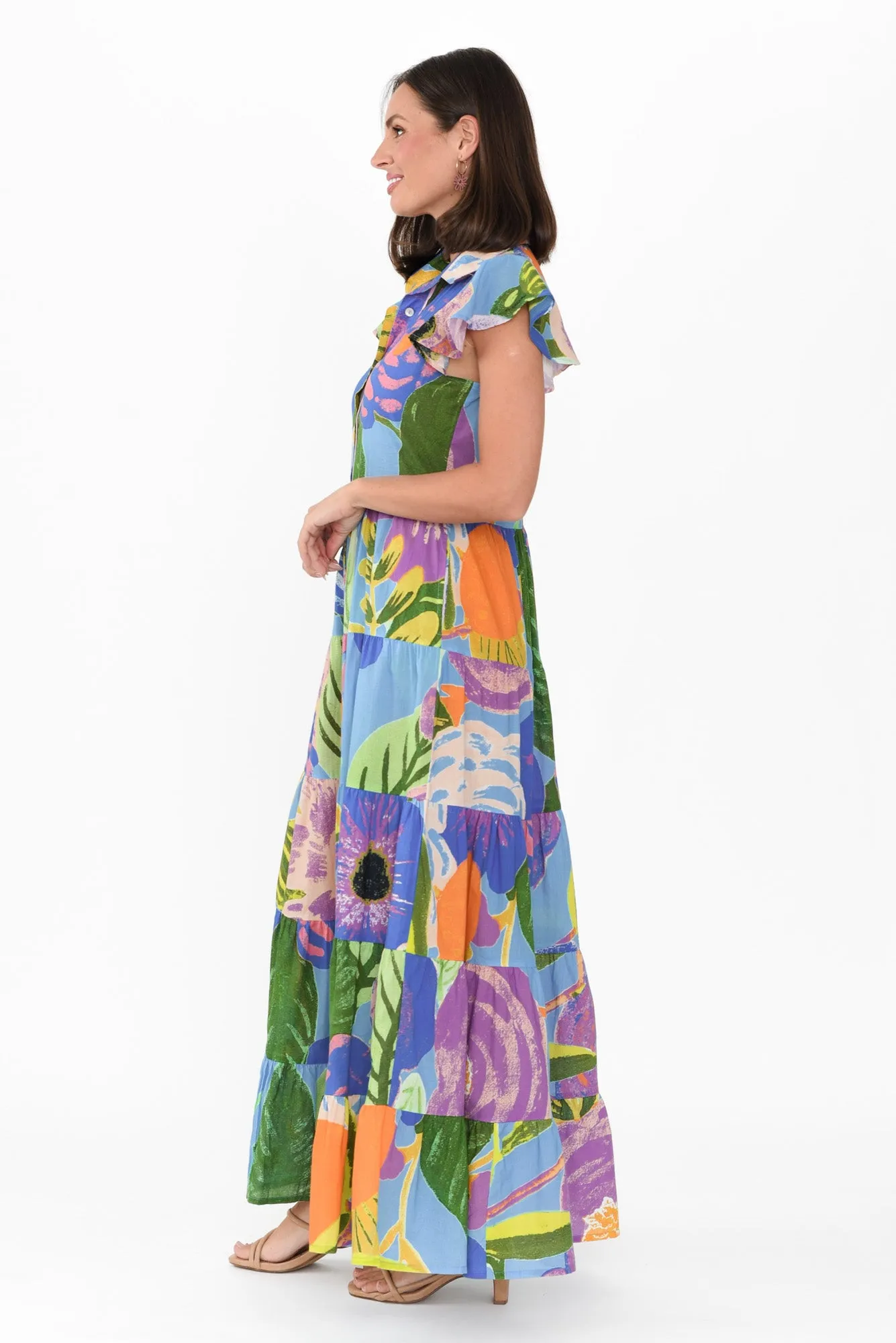 Zani Blue Tropical Cotton Maxi Dress