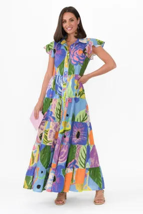 Zani Blue Tropical Cotton Maxi Dress